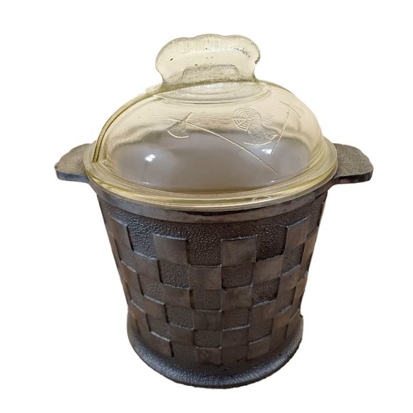 1940's Lined 9"x6.5" Pewter Ice Bucket Glass Lid Utensils Vintage Waffle Design - Picture 4 of 10